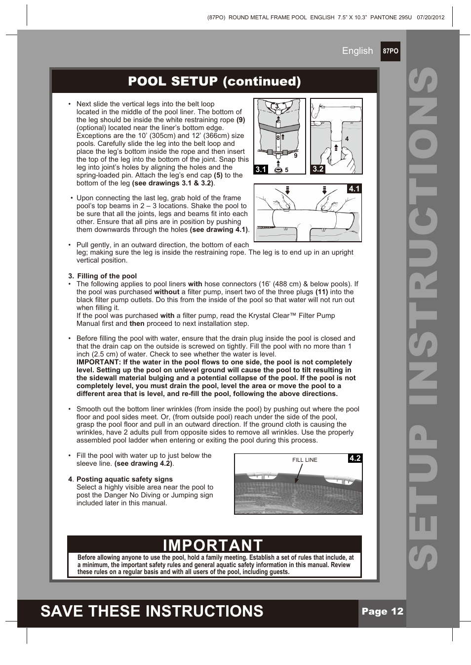 Setup instructions, Save these instructions, Important | Intex 12 FT X