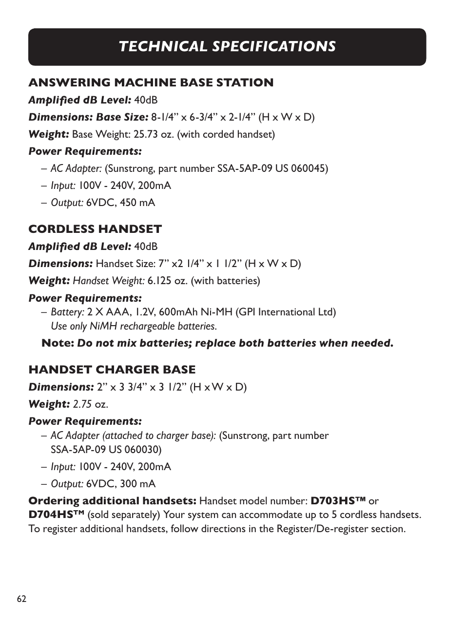 Technical specifications | Clarity E814CC User Manual | Page 62 / 64