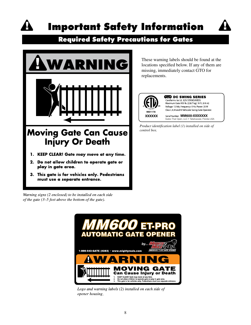 Mm600, Important safety information, Et-pro | Mighty Mule MM600ET-PRO