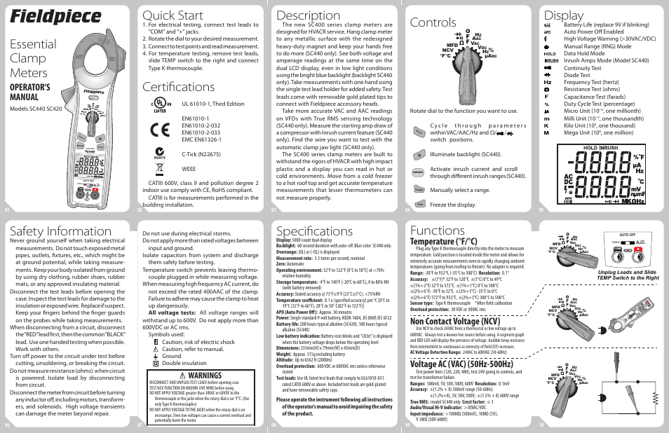 Fieldpiece SC420 SC440 Essential Clamp Meters User Manual | 2 pages