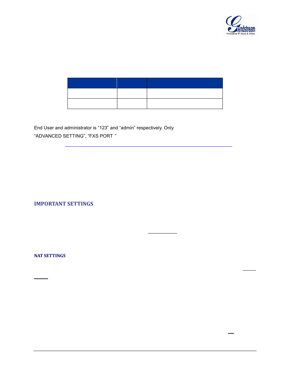 Important settings, Nat settings | Grandstream HT502 User Manual User