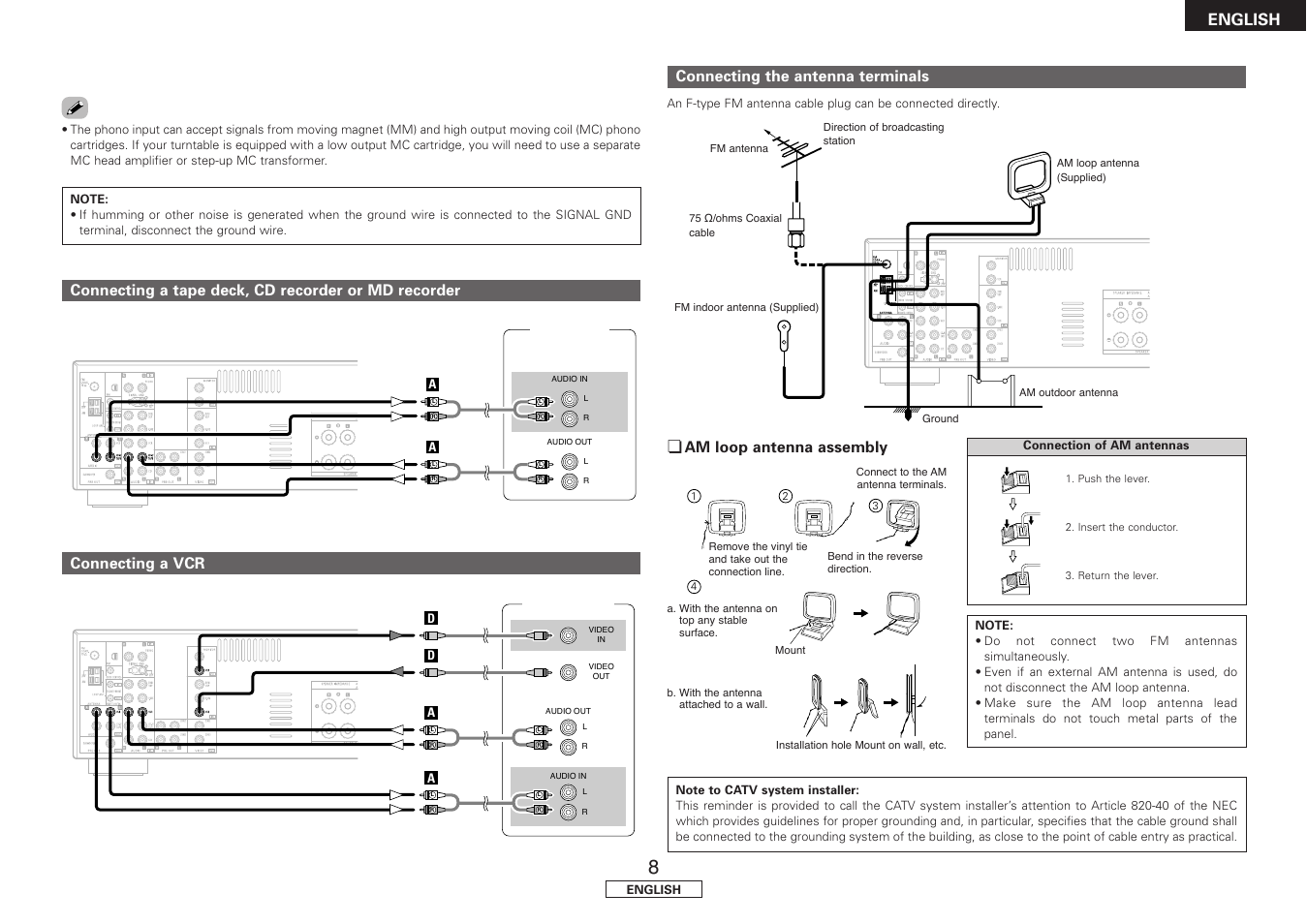 English, Connecting a tape deck, cd recorder or md recorder, Connecting