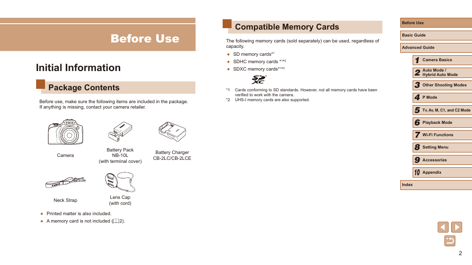 Before use, Initial information, Package contents | Canon PowerShot