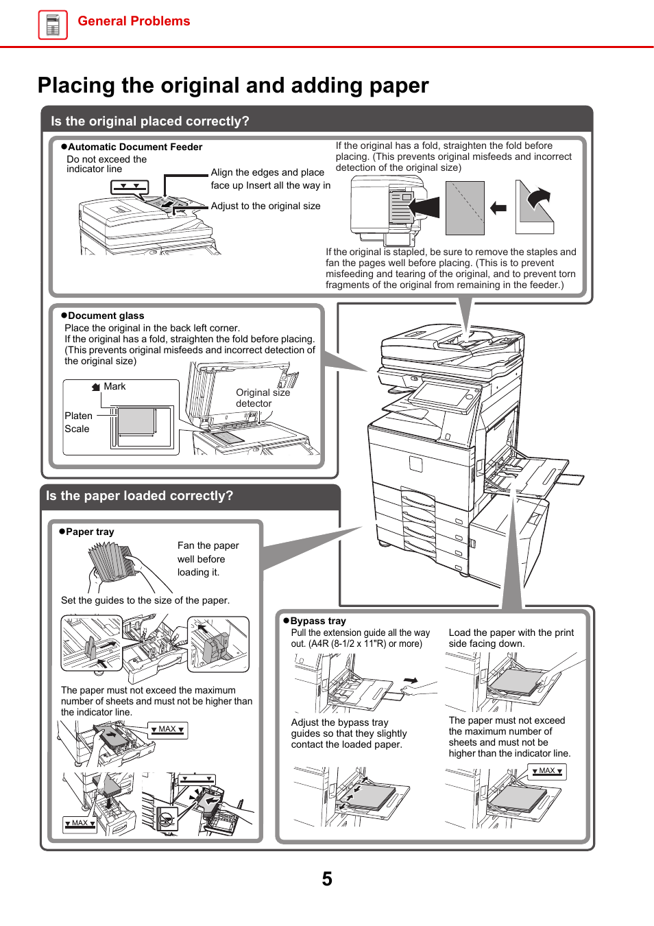 Placing the original and adding paper, General problems | Sharp MX