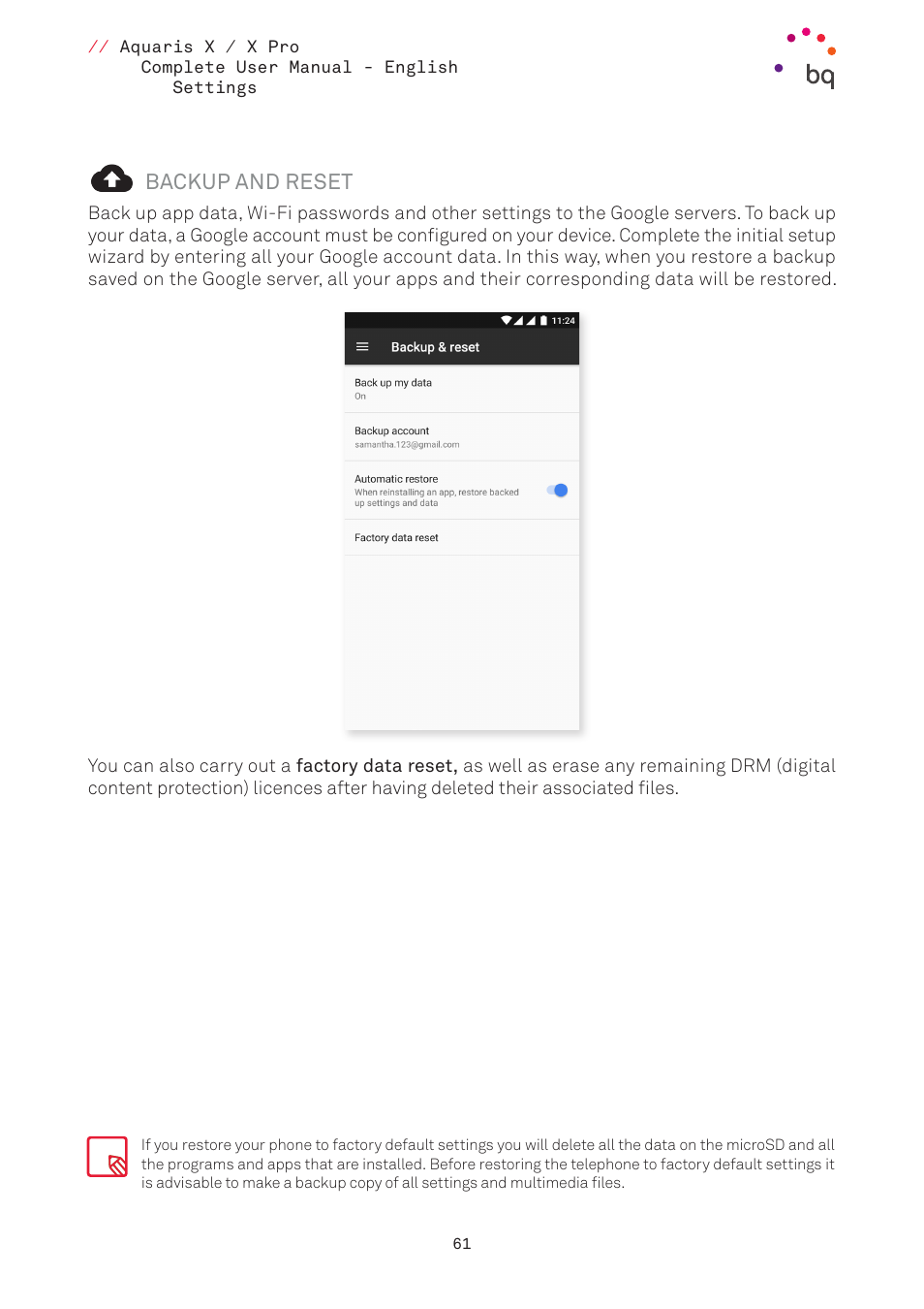 Backup and reset | BQ Aquaris XPro User Manual | Page 61 / 93