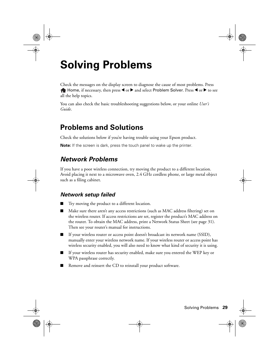 Solving problems, Problems and solutions, Network problems | Epson