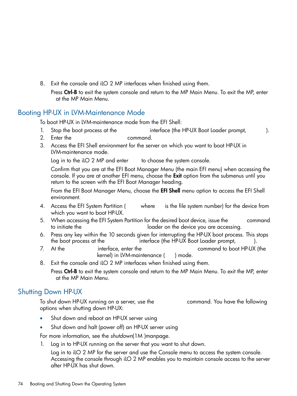 Booting hp-ux in lvm-maintenance mode, Shutting down hp-ux, Booting hp