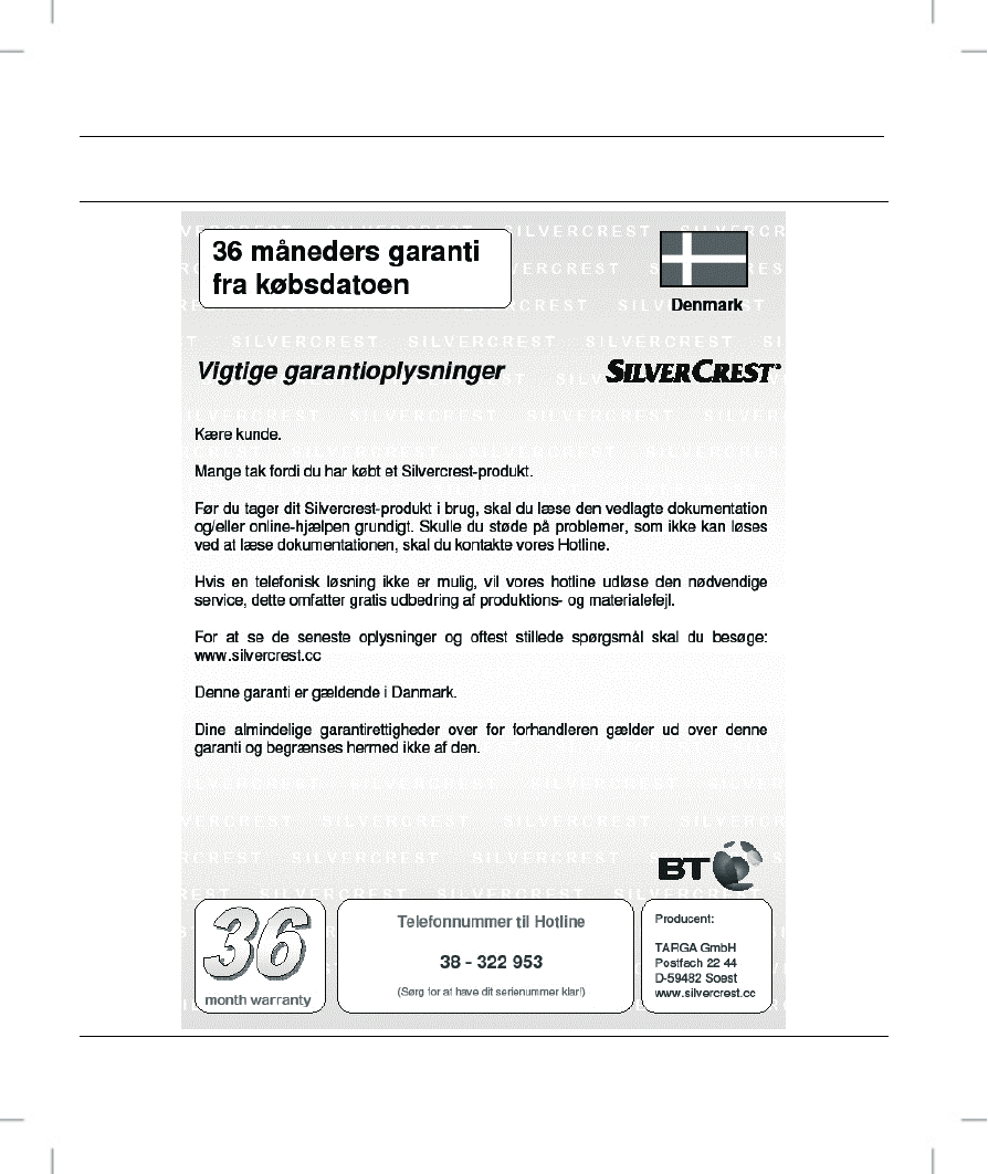 Garantioplysninger | Silvercrest OM1008-SL User Manual | Page 96 / 100