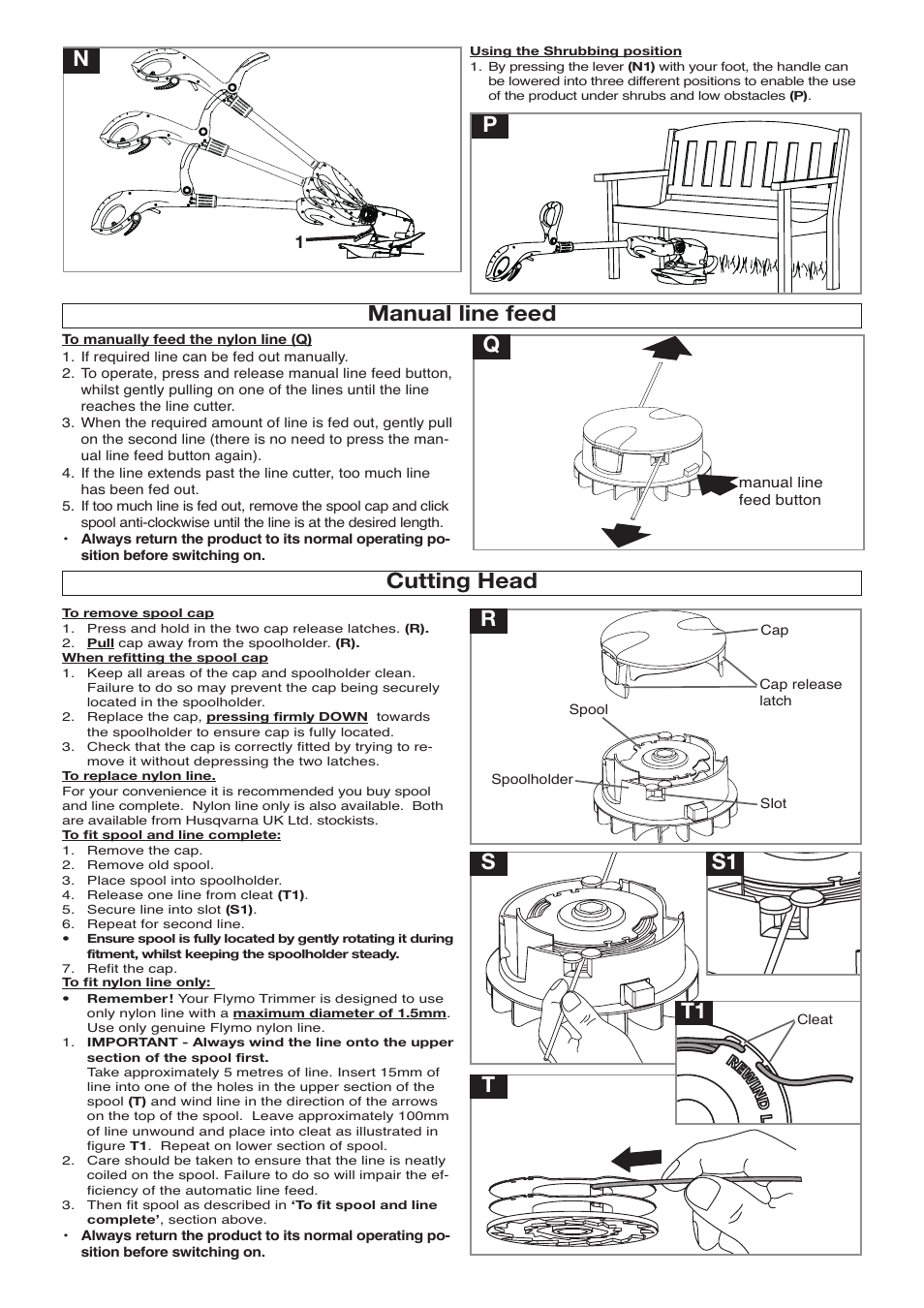 Manual line feed, Rs T1 s1 cutting head | Flymo POWER TRIM 500 XT User Manual | Page 6 / 9