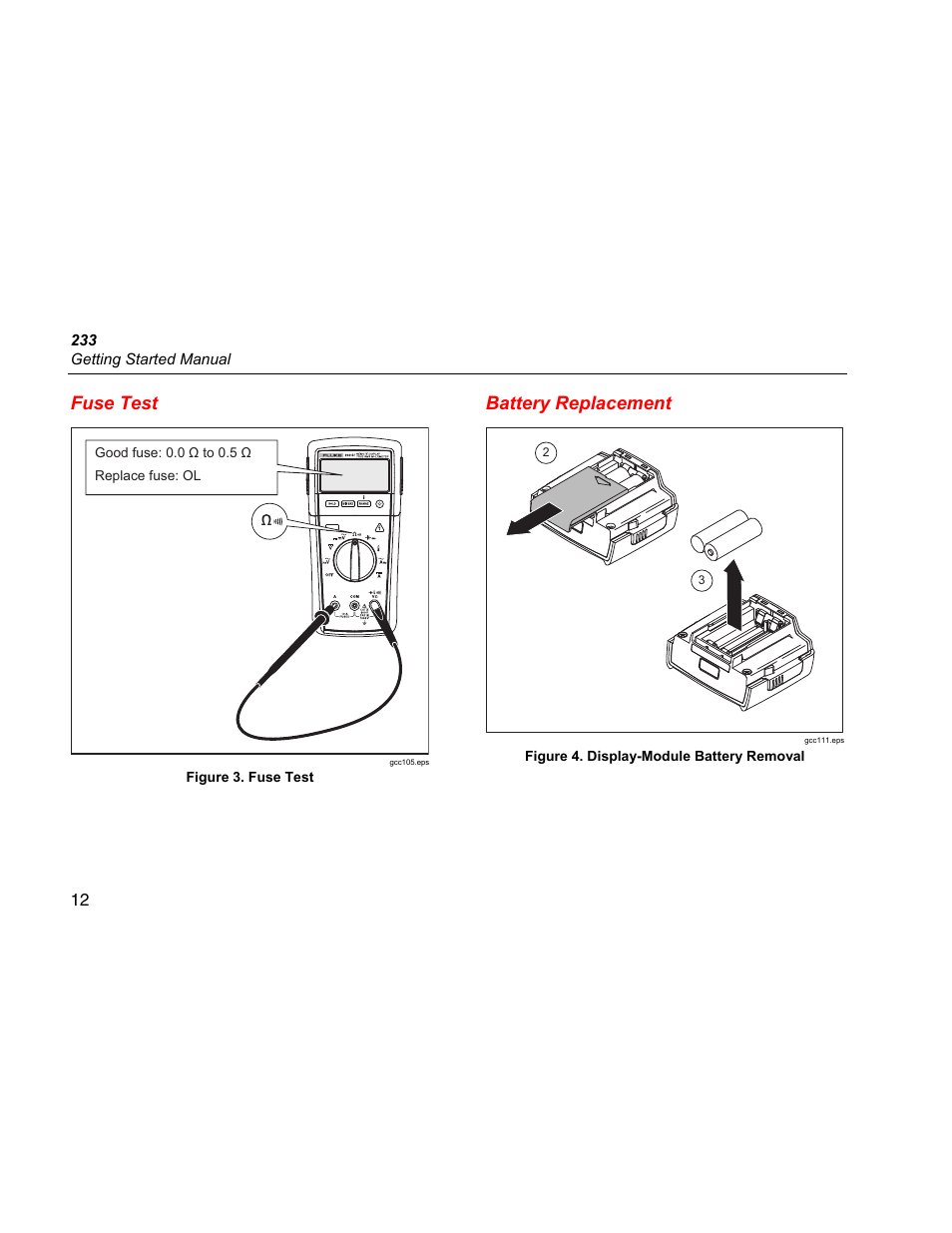 Fuse test, Battery replacement | Fluke 233 User Manual | Page 14 / 16