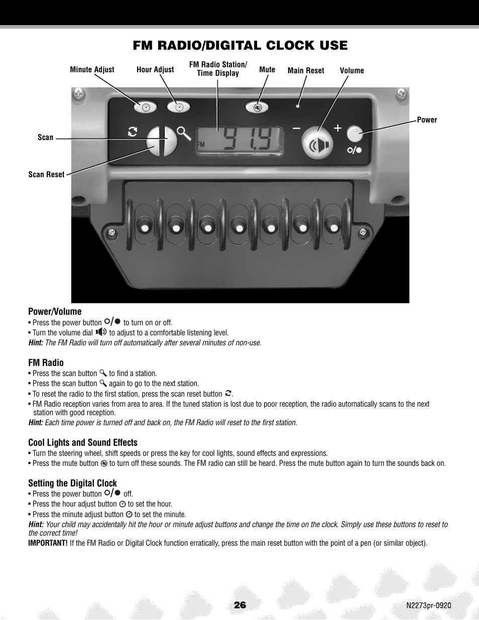 Fm radio/digital clock use | Fisher-Price JEEP HURRICANE N2273 User Manual  | Page 26 / 32