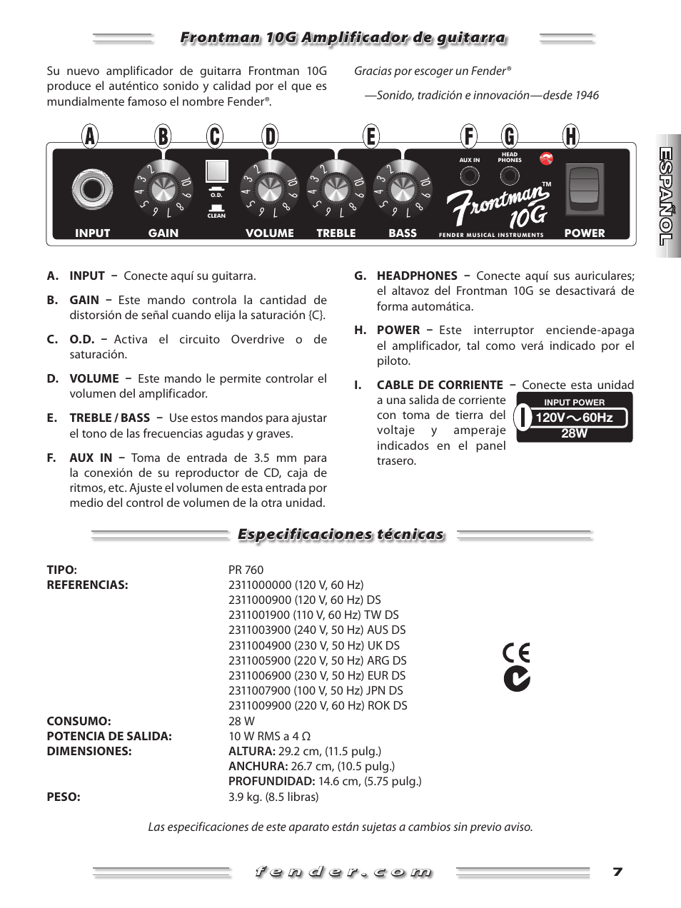 Frontman 10g amplificador de guitarra, Especificaciones técnicas | Fender  Frontman 10G User Manual | Page 7 / 16 | Original mode