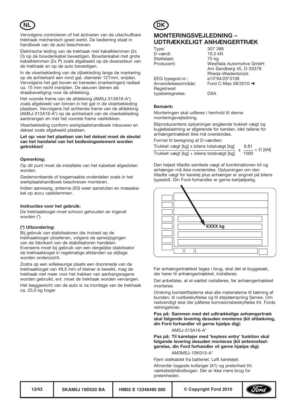 Monteringsvejledning – udtrækkeligt anhængertræk, Nl dk | FORD WESTFALIA  388 User Manual | Page 12 / 43