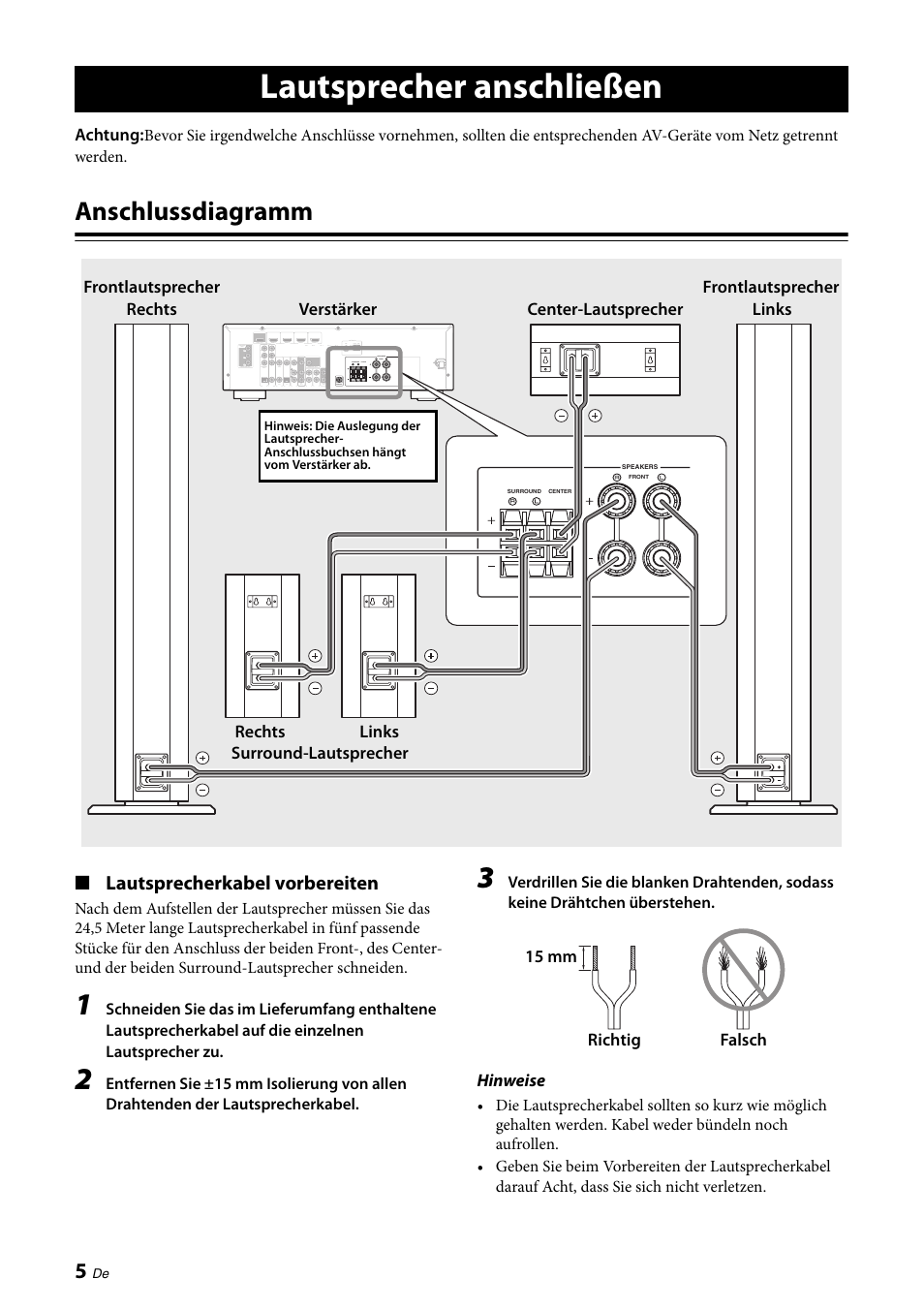 Lautsprecher anschließen, Anschlussdiagramm, Lautsprecherkabel vorbereiten  | Yamaha NS-PA120 User Manual | Page 18 / 40 | Original mode