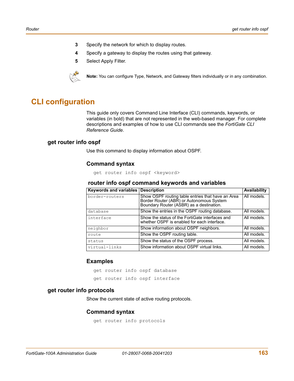 Cli configuration, Get router info ospf, Command syntax | Fortinet 100A  User Manual | Page 163 / 374