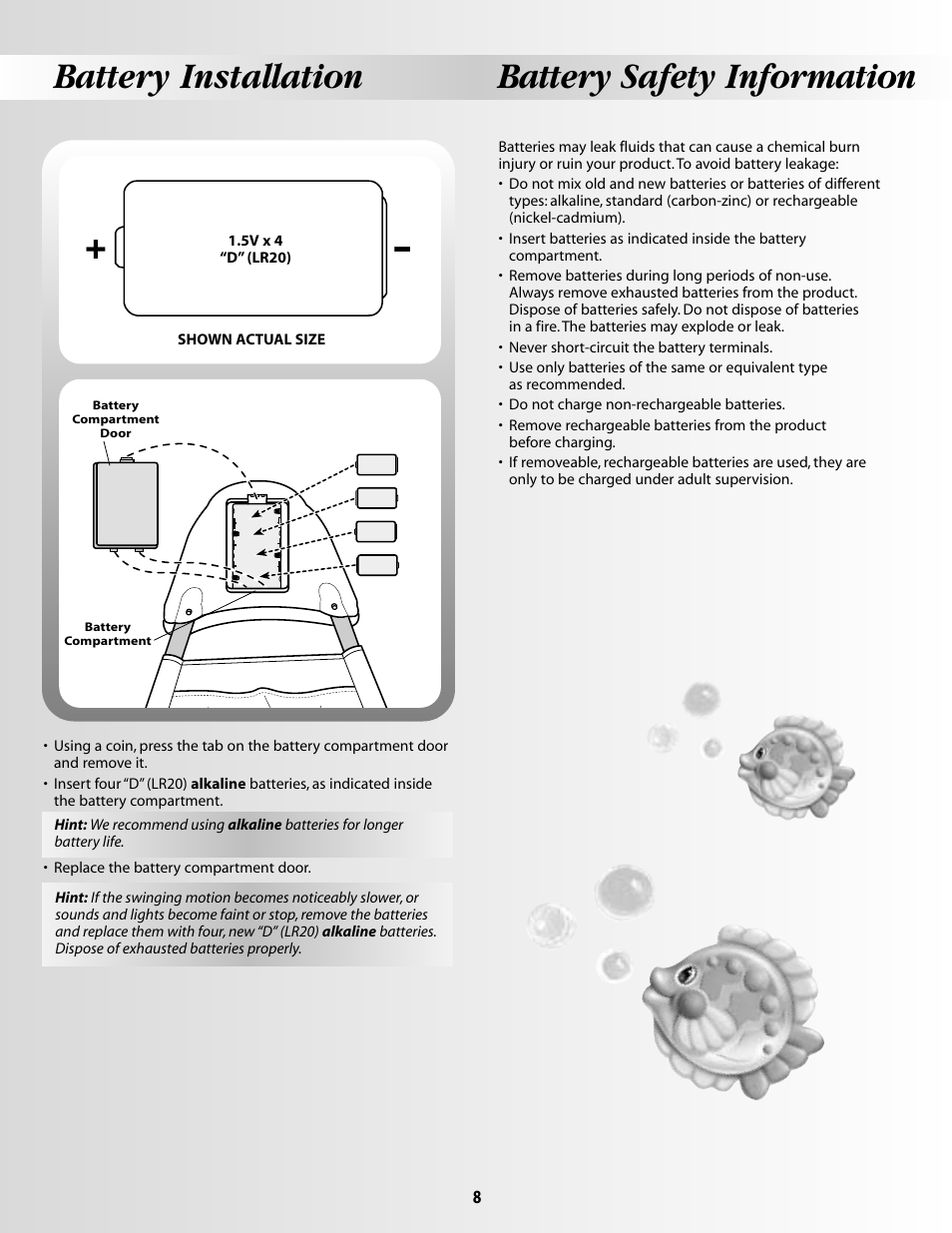 Battery installation battery safety information | Fisher-Price OCEAN  WONDERSTM AQUARIUM CRADLE SWING 79667 User Manual | Page 8 / 12
