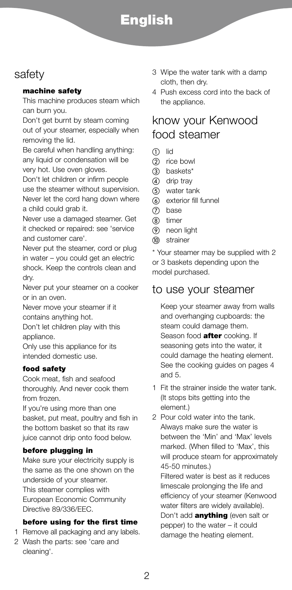 English, Safety, Know your kenwood food steamer | Kenwood FS360 User Manual  | Page 4 / 91