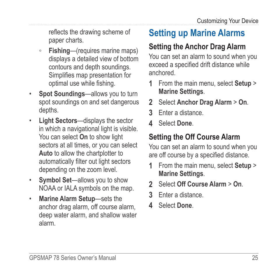 Setting up marine alarms | Garmin 78sc User Manual 29 /