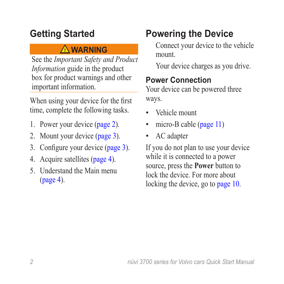 Getting started, Powering the device | Garmin nuvi 3790 User Manual | Page  2 / 12