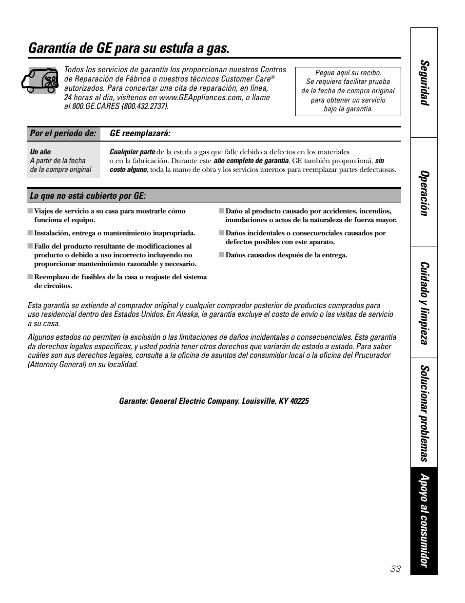 Garantía, Garantía de ge para su estufa a gas | GE JGP337 User Manual |  Page 67 / 68 | Original mode