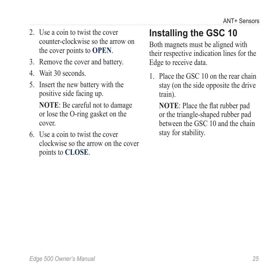Installing the gsc 10, Sensor instructions, see | Garmin Edge 500 User  Manual | Page 29 / 64