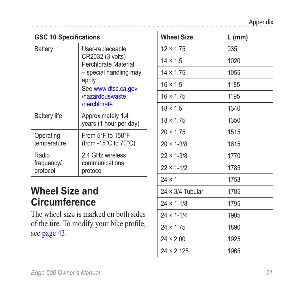 Wheel size and circumference, Wheel size and, Circumference | Garmin Edge  500 User Manual | Page 55 / 64 | Original mode