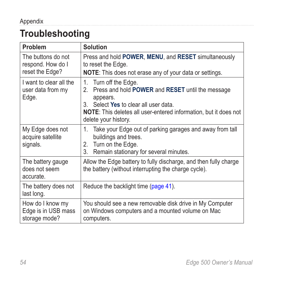 Troubleshooting | Garmin Edge 500 User Manual | Page 58 / 64 | Original mode