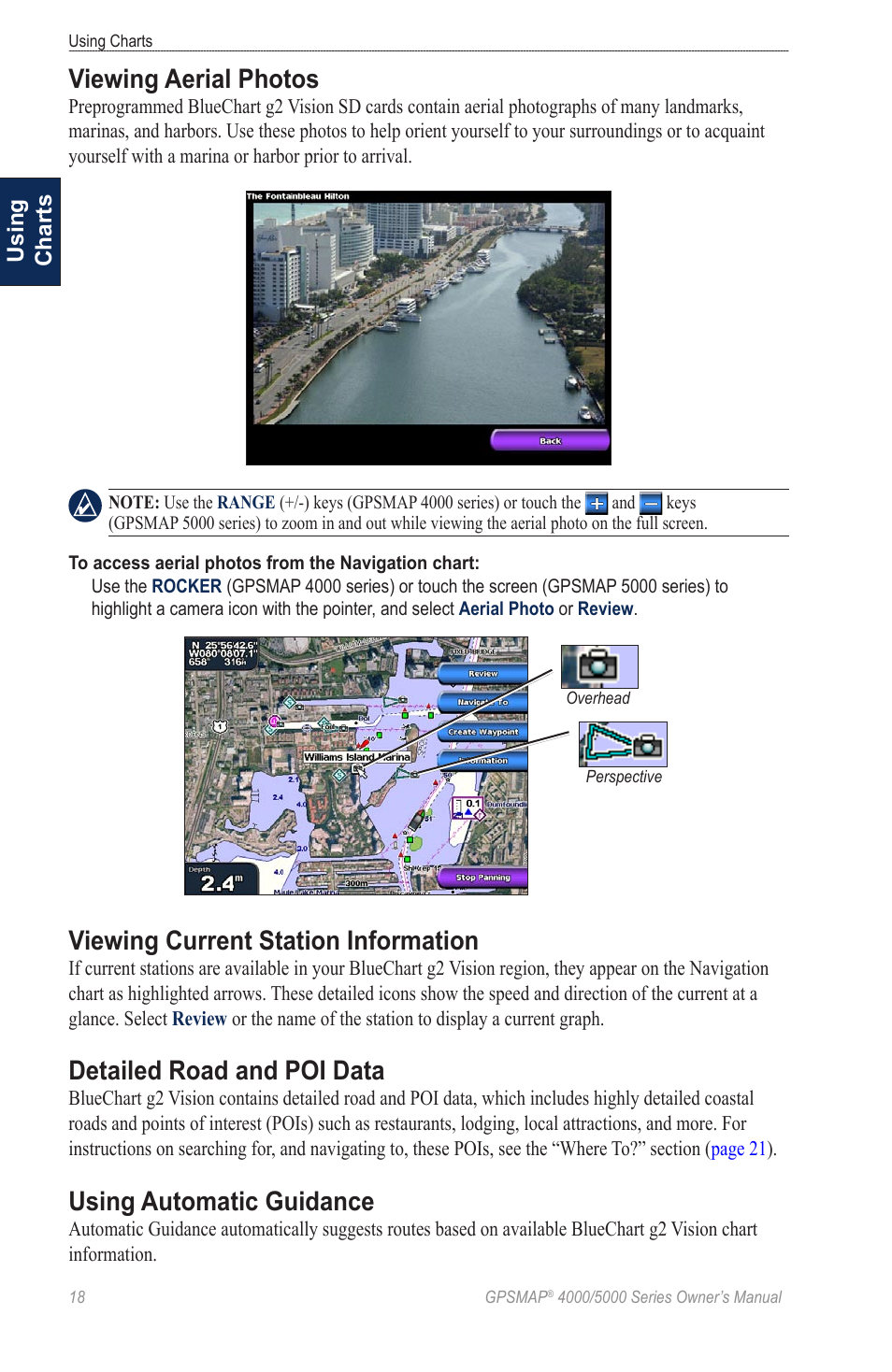 Viewing aerial photos, Viewing current station information, Detailed road  and poi data | Garmin 5008 User Manual | Page 22 / 68 | Original mode