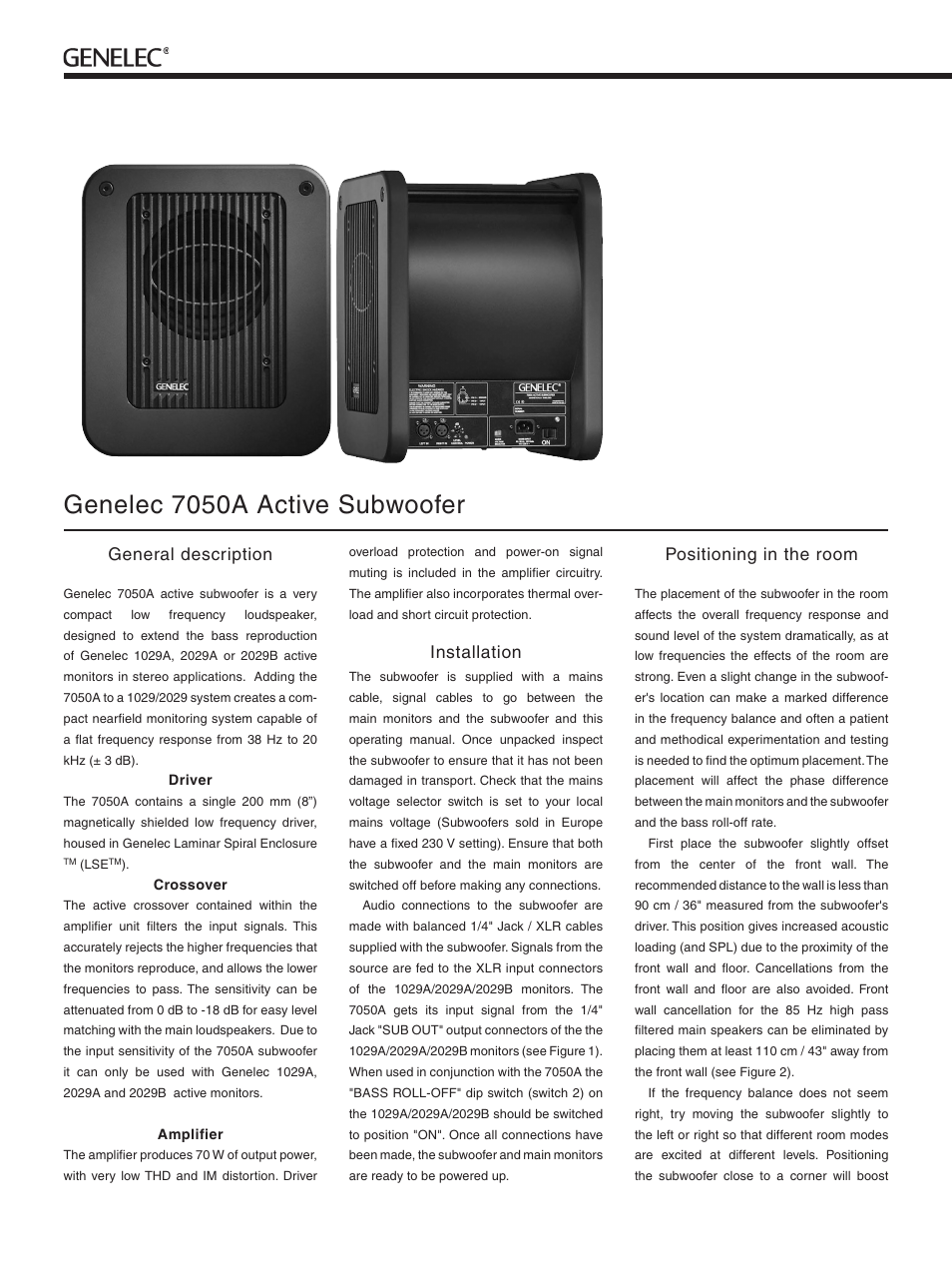 Genelec 7050a active subwoofer, General description, Installation | Genelec  7050A User Manual | Page 2 / 4 | Original mode