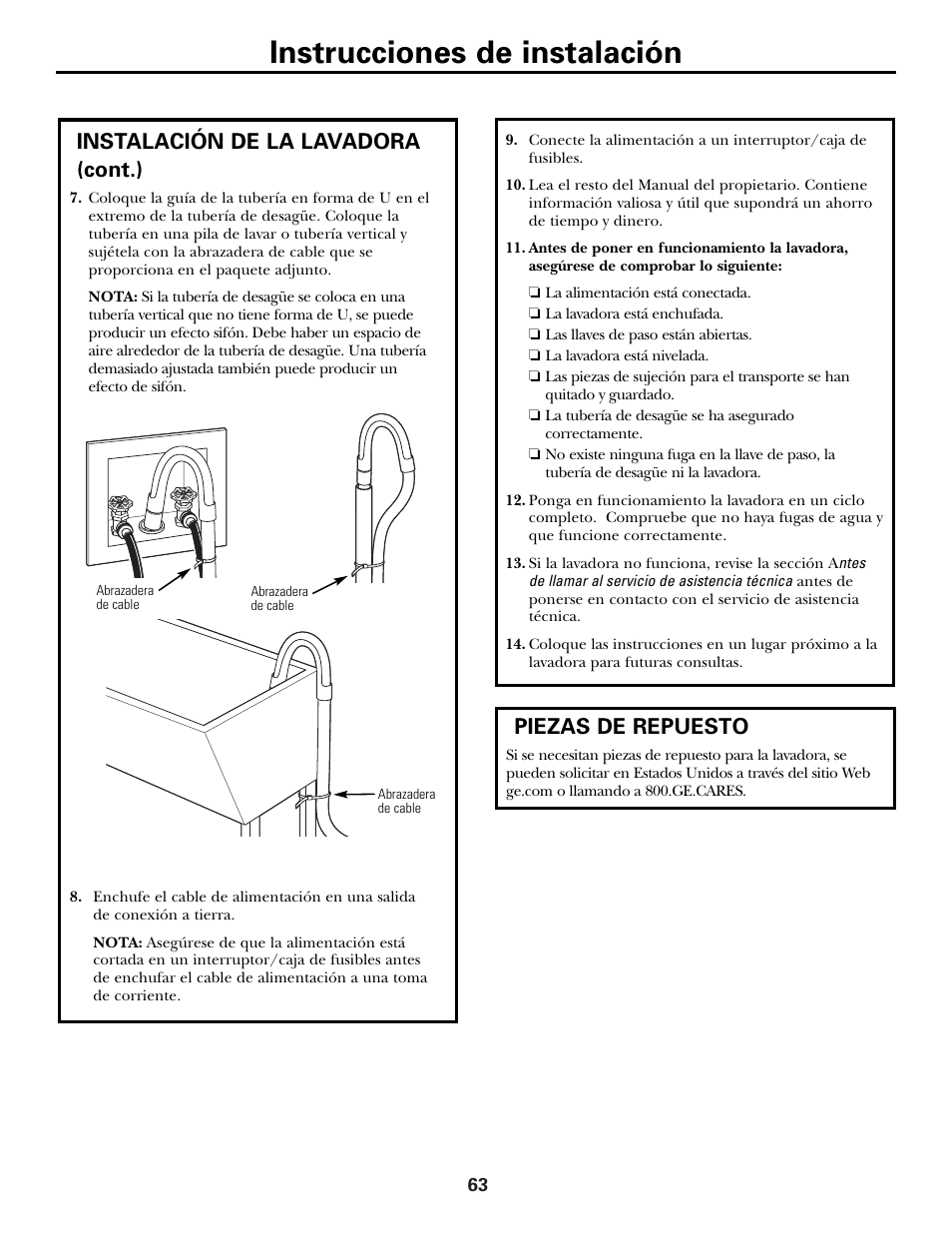Piezas de repuesto, Instrucciones de instalación, Instalación de la lavadora  (cont.) | GE GBVH6260 User Manual | Page 63 / 72 | Original mode