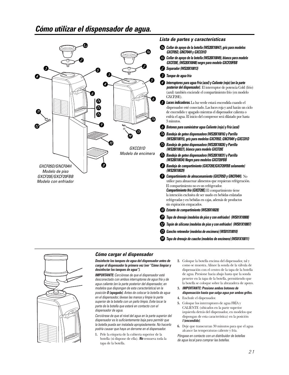 Cómo cargar el dispensador, Lista de partes y características, Cómo  utilizar el dispensador de agua | GE GXCC01D User Manual | Page 21 / 28 |  Original mode