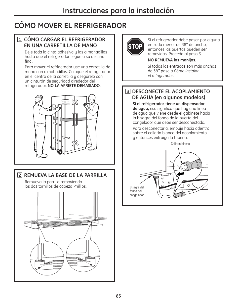 Cómo mover el refrigerador, Cómo mover el refrigerador –88, Instrucciones  para la instalación | GE 200D8074P036 User Manual | Page 85 / 104 |  Original mode
