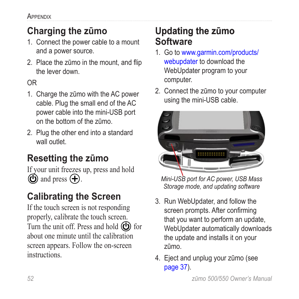 Charging the zūmo, Resetting the zūmo, Calibrating the screen | Garmin zumo  550 en User Manual | Page 58 / 74