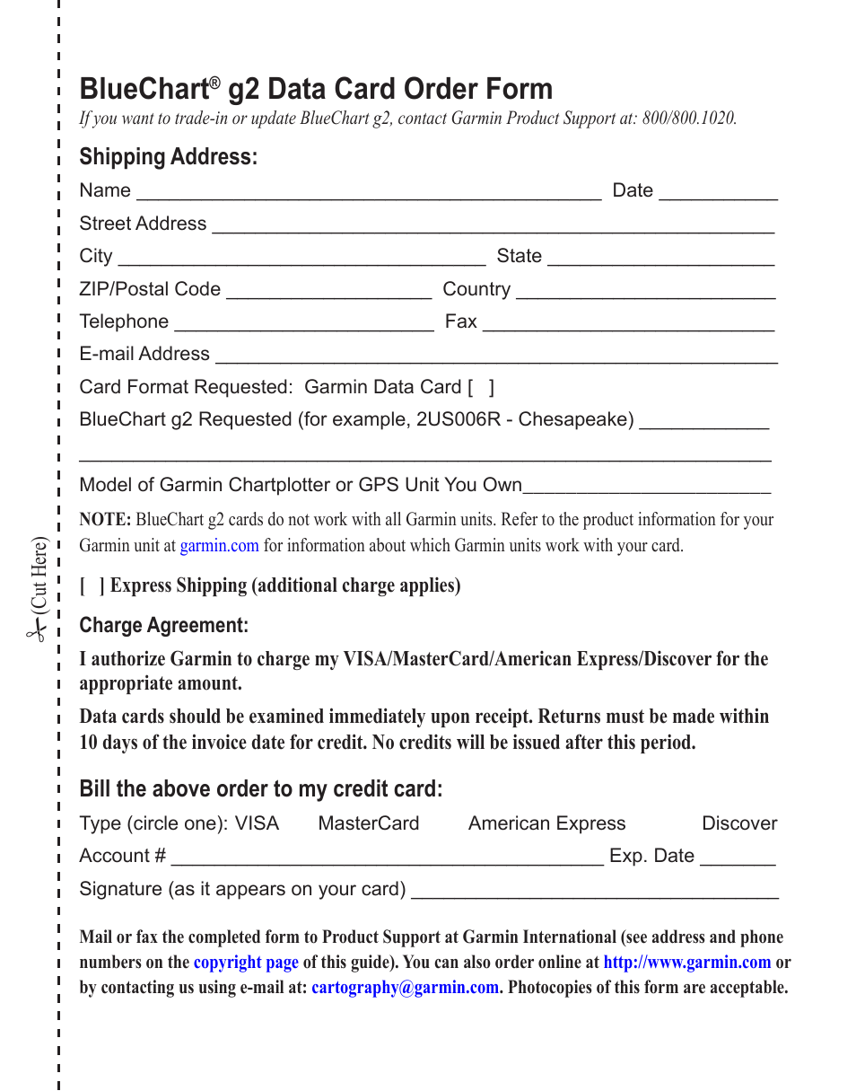 Bluechart® g2 data card order form, Bluechart, G2 data card order form | Garmin  BLUECHART G2 User Manual | Page 23 / 24 | Original mode