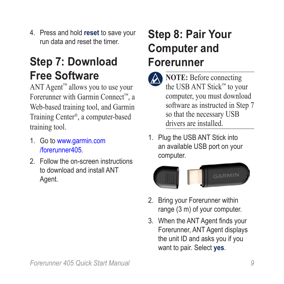 Step 7: download free software, Step 8: pair your computer and forerunner |  Garmin Forerunner 405 User Manual | Page 9 / 12