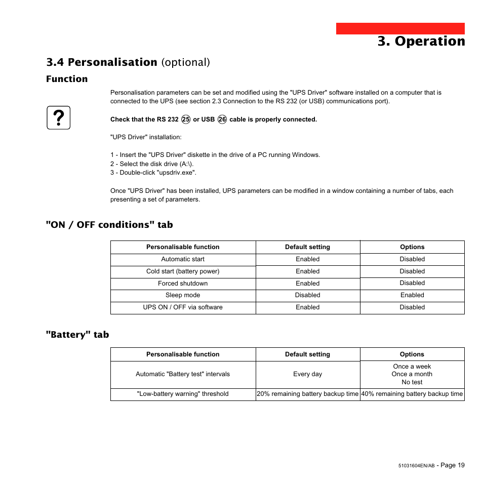 Operation, 4 personalisation (optional), Function | MGE UPS Systems Pulsar  EXtreme 1000C User Manual | Page 19 / 28