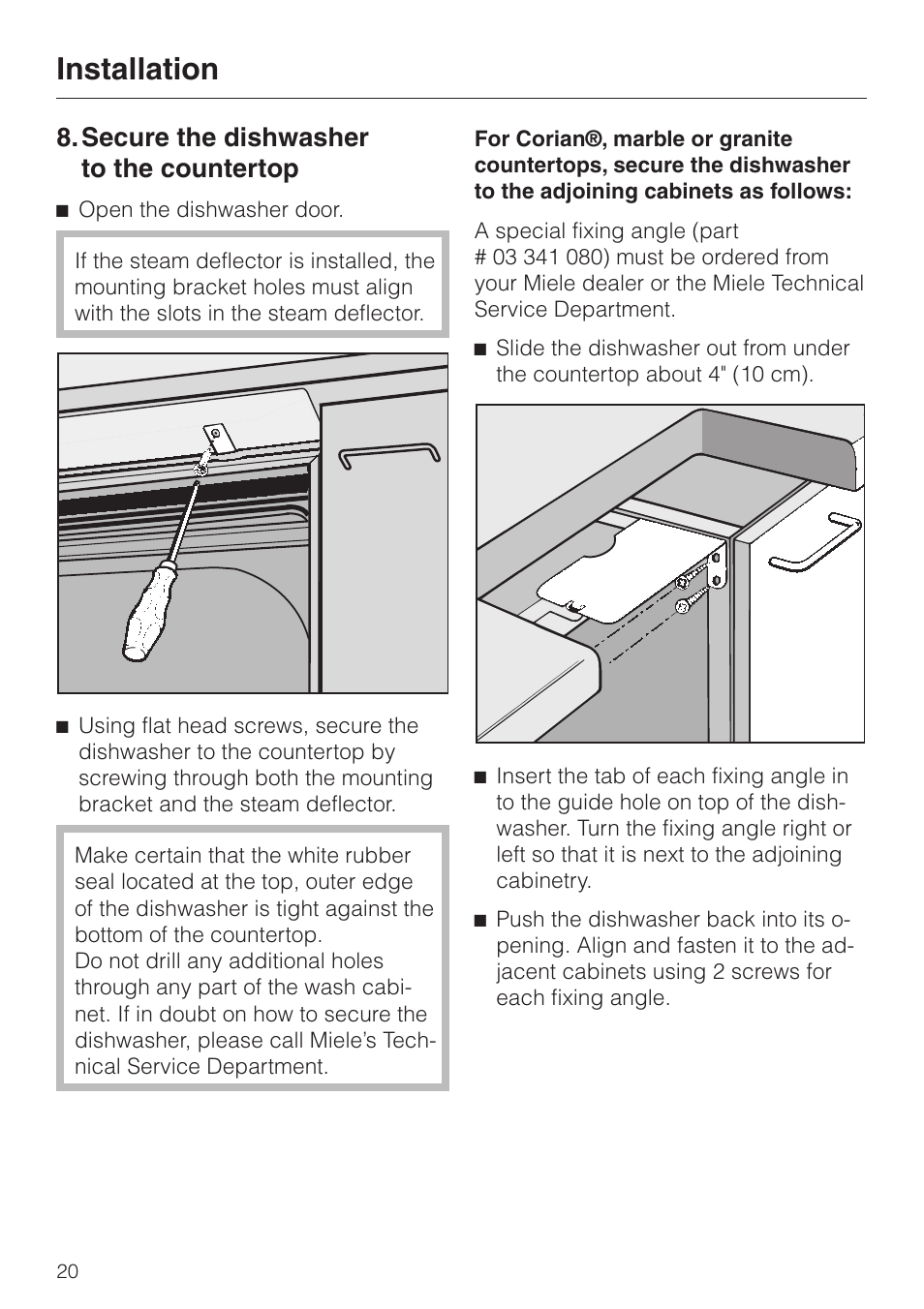 Secure the dishwasher to the countertop 20, Secure the dishwasher to the  countertop, Installation | Miele HG01 User Manual | Page 20 / 36 | Original  mode