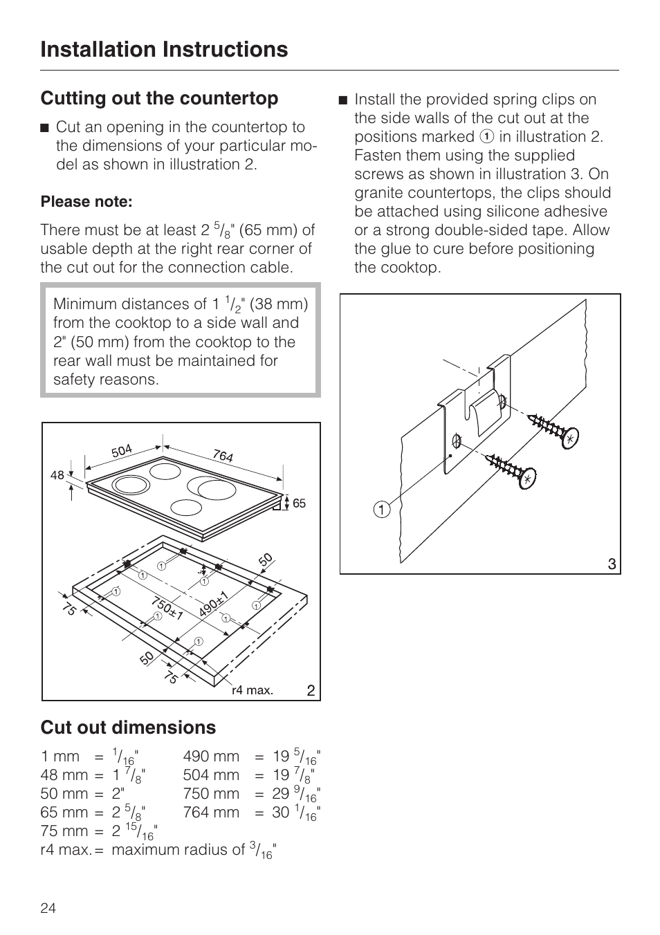 Installation instructions, Cutting out the countertop, Cut out dimensions |  Miele KM 443 User Manual | Page 24 / 28 | Original mode