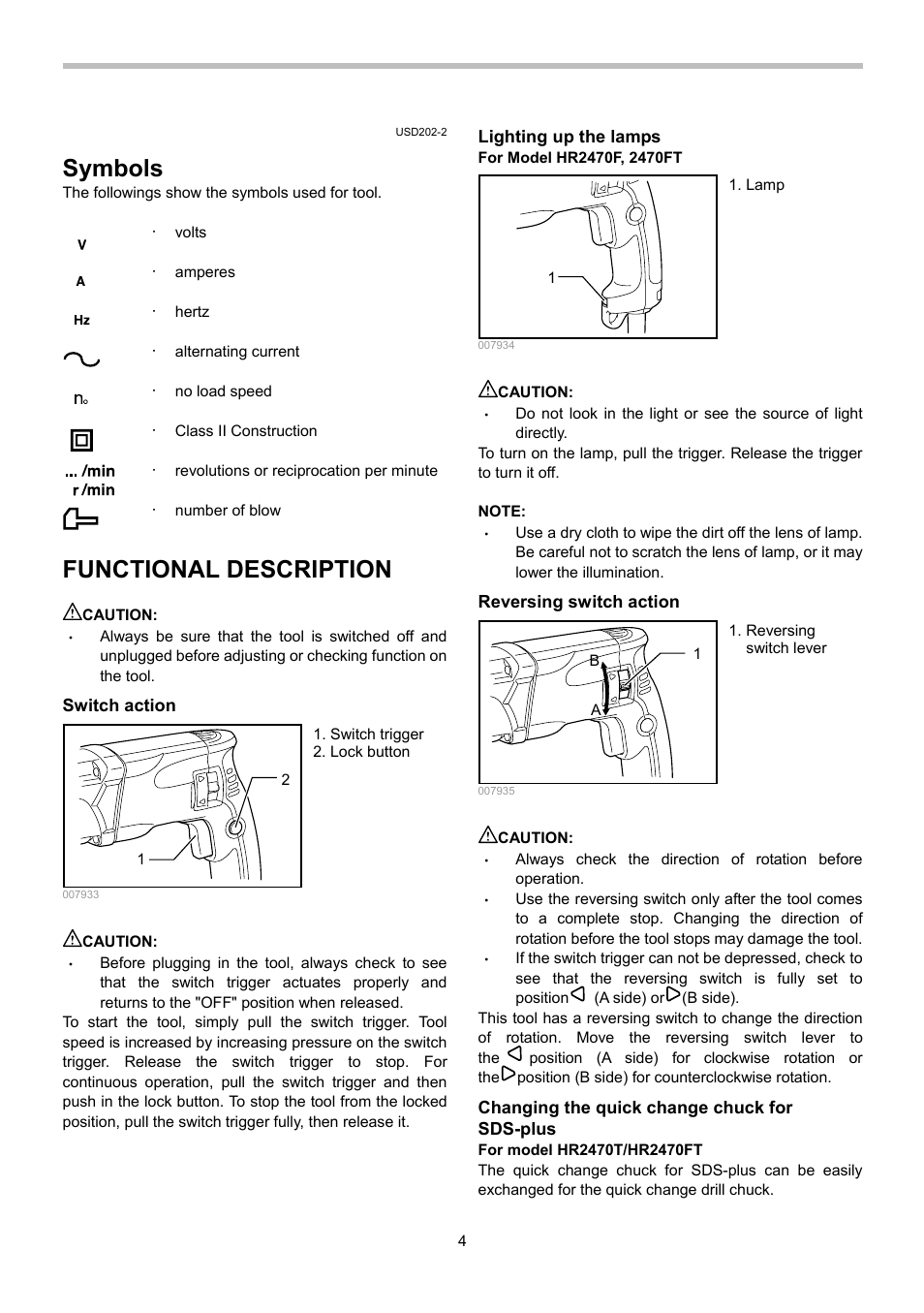 Symbols, Functional description | Makita HR2470 User Manual | Page 4 / 28 |  Original mode