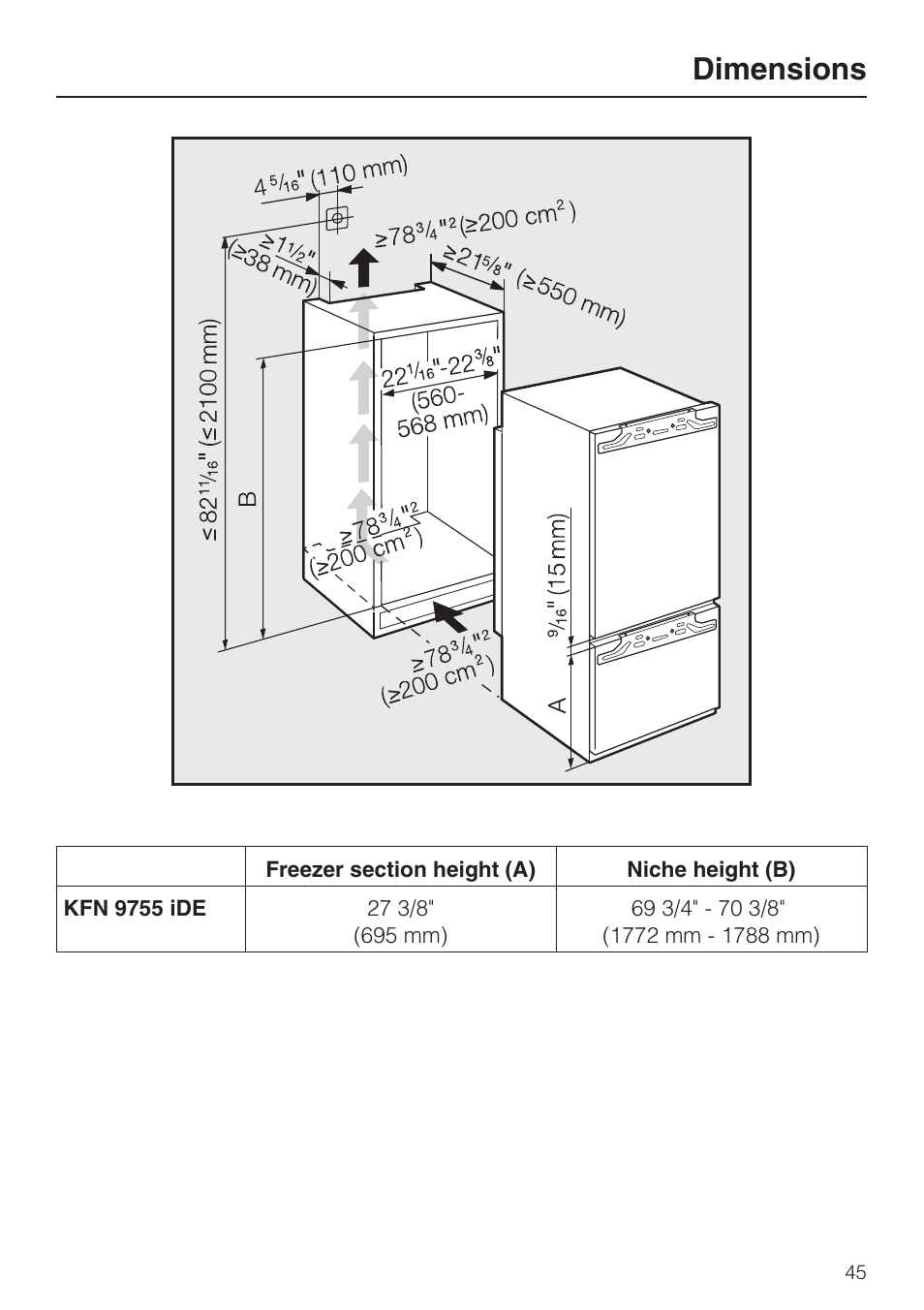 Dimensions 45, Dimensions | Miele KFN 9755 iDE EN User Manual | Page 45 / 60