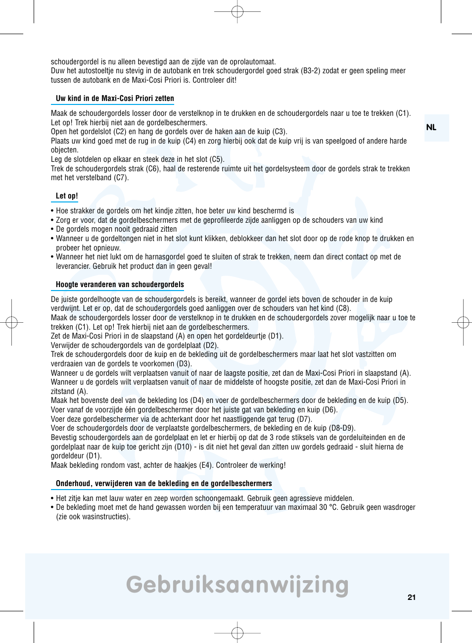 Gebruiksaanwijzing | Maxi-Cosi Priori Side Protection System User Manual |  Page 21 / 40