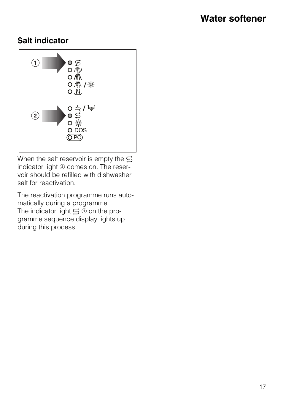 Salt indicator 17, Salt indicator, Water softener | Miele G7859 User Manual  | Page 17 / 56