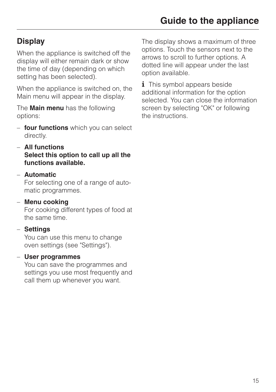 Display 15, Guide to the appliance, Display | Miele DG4080 User Manual |  Page 15 / 60 | Original mode