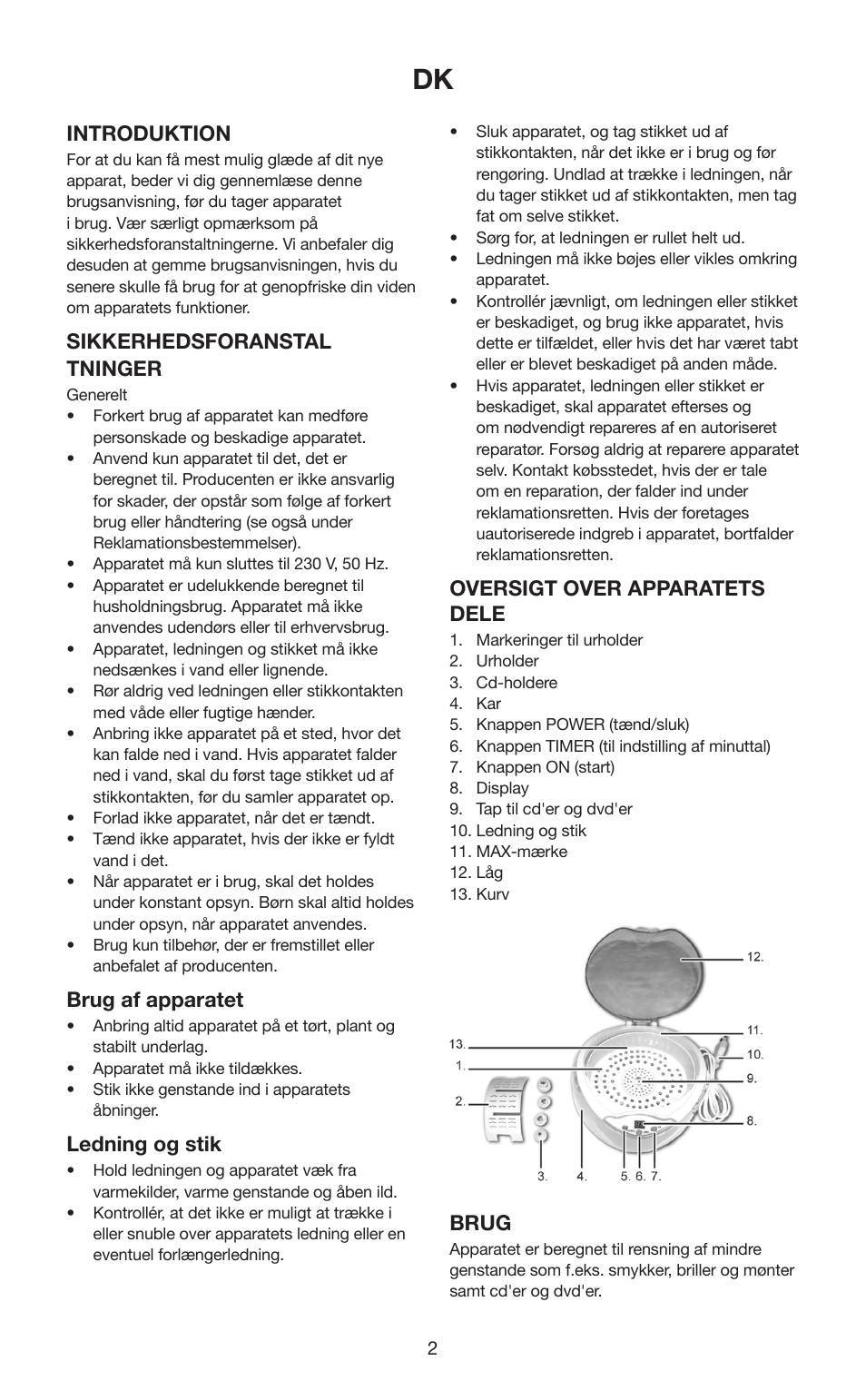 Introduktion, Sikkerhedsforanstal tninger, Brug af apparatet | Melissa  631-102 User Manual | Page 2 / 23 | Original mode