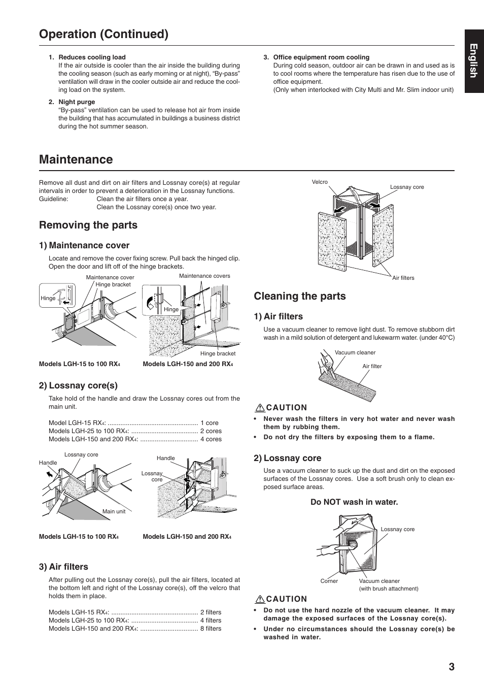 Maintenance, Operation (continued), Removing the parts | MITSUBISHI  ELECTRIC LOSSNAY LGH-15RX4-E User Manual | Page 3 / 4