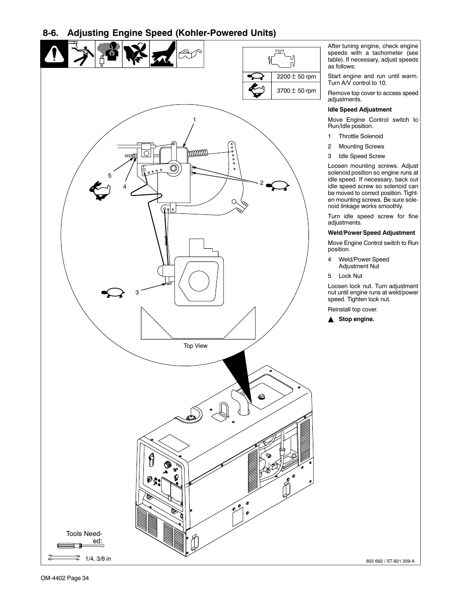 6. adjusting engine speed (kohler-powered units) | Miller Electric 280