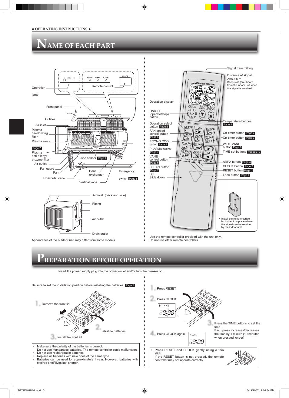 Ame of each part, Reparation before operation 1, Indoor unit remote  controller | MITSUBISHI ELECTRIC MSZ-FD25VA User Manual | Page 4 / 12 |  Original mode