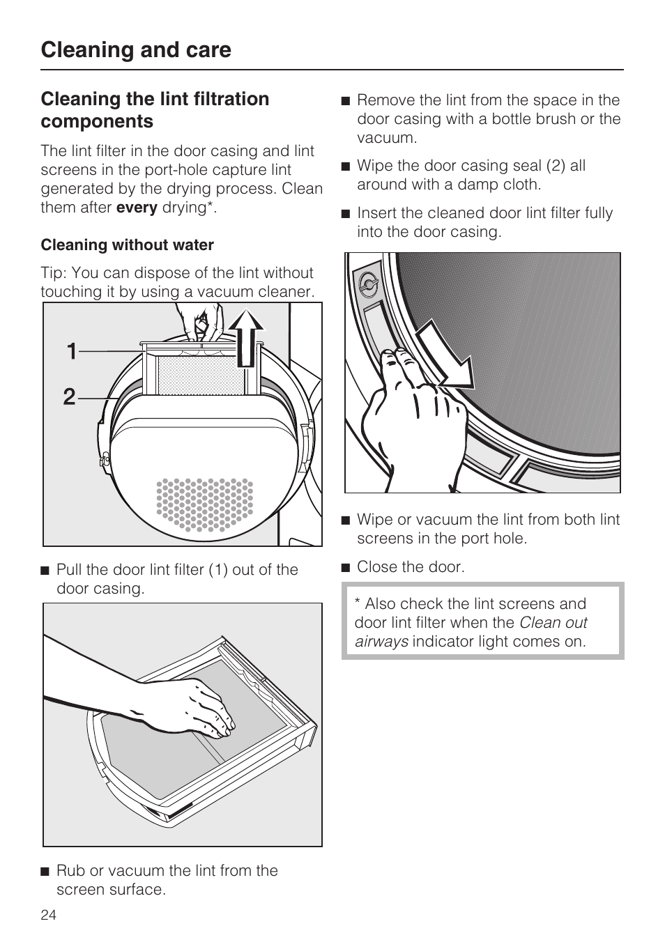 Cleaning the lint filtration components 24, Cleaning without water 24,  Cleaning and care | Miele NOVOTRONIC T 7644 C User Manual | Page 24 / 56 |  Original mode