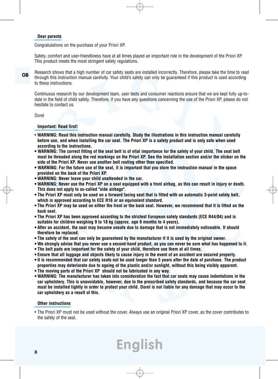 English | Maxi-Cosi Priori XP User Manual | Page 8 / 48 | Original mode