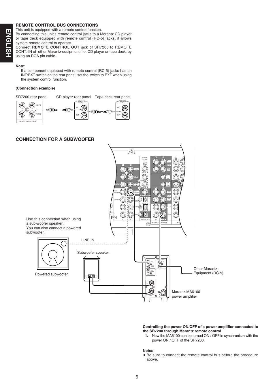 English, Connection for a subwoofer, Remote control bus connections | Marantz  SR7200 User Manual | Page 13 / 39 | Original mode